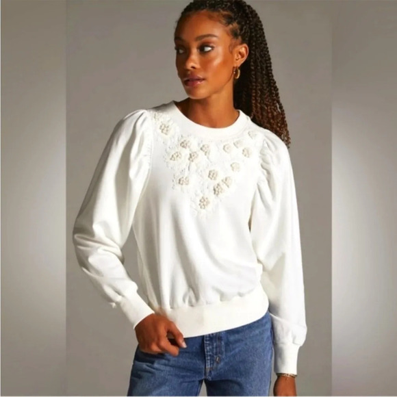 Anthropologie Embroidered Ivory Sweatshirt size small - Picture 1 of 15